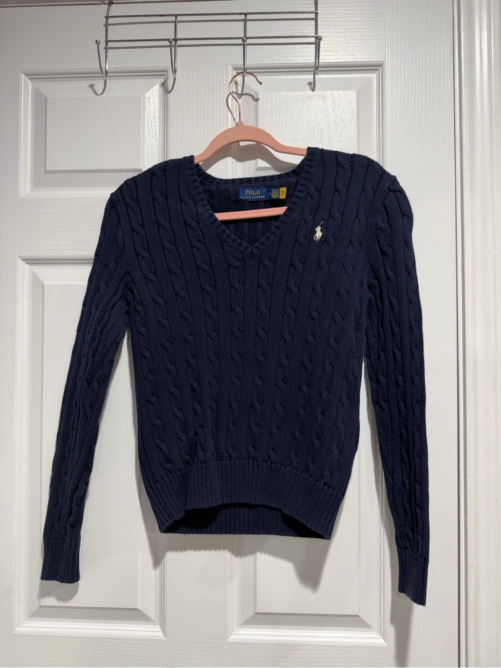 Polo by Ralph Lauren Navy Cable V-Neck Sweater with Logo